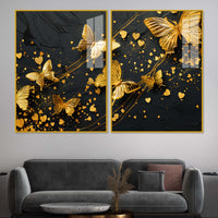 Golden Butterfly & Heart Abstract Acrylic Floating Wall Painting Set of 2