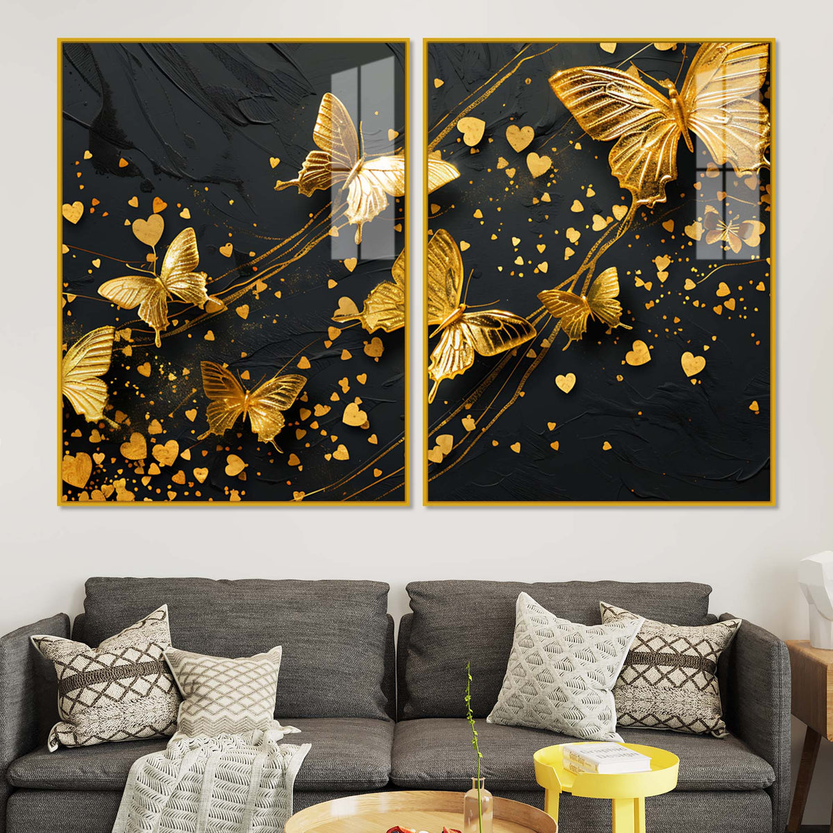 Golden Butterfly & Heart Abstract Acrylic Floating Wall Painting Set of 2