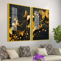 Golden Butterfly & Heart Abstract Acrylic Floating Wall Painting Set of 2