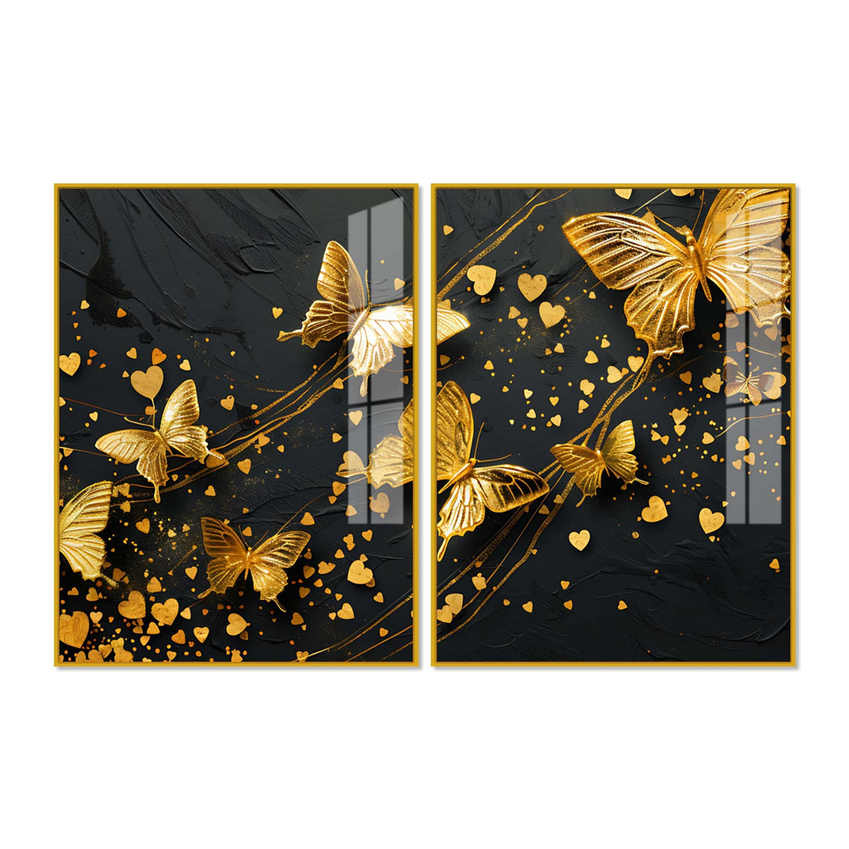 Golden Butterfly & Heart Abstract Acrylic Floating Wall Painting Set of 2