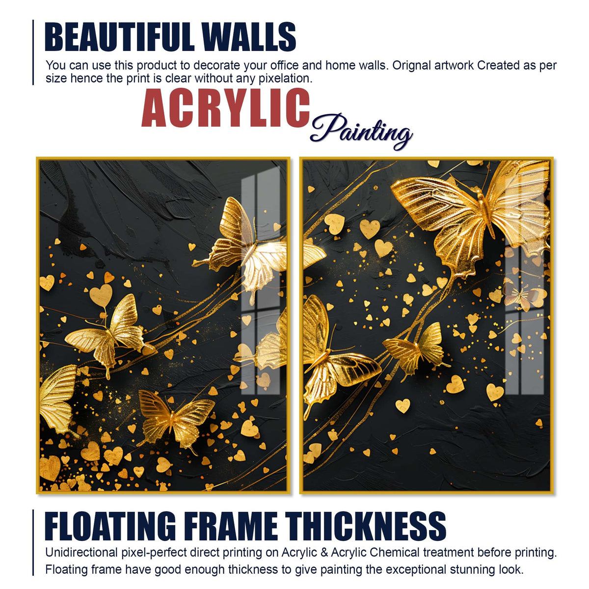 Golden Butterfly & Heart Abstract Acrylic Floating Wall Painting Set of 2