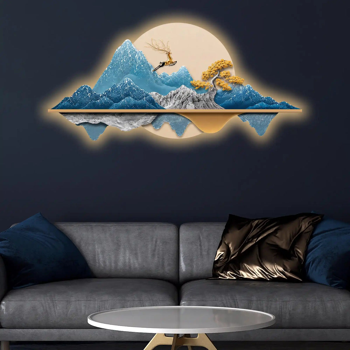 Golden Deer Blue Mountain Reflection Premium Crystal Glass Backlit LED Wall Art