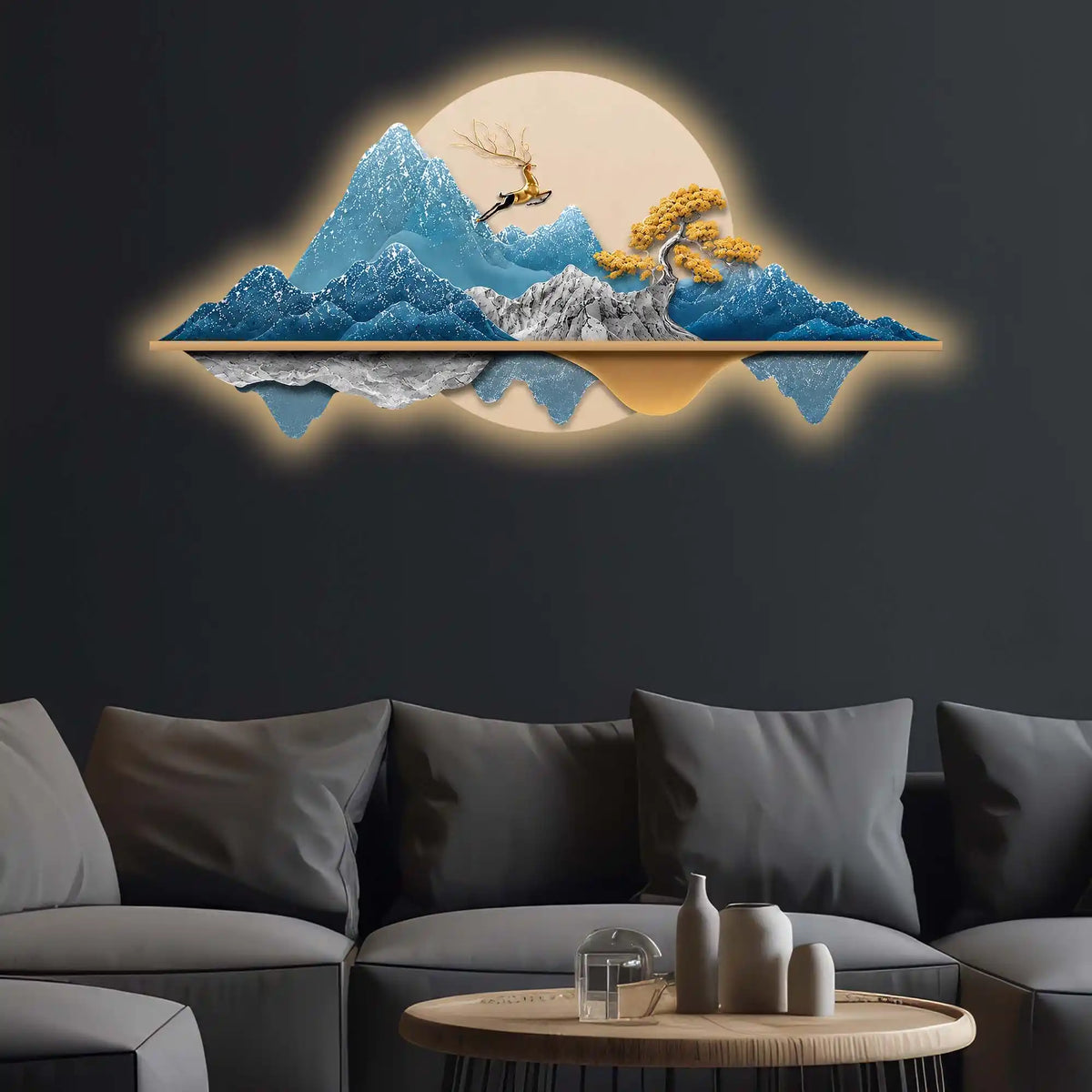 Golden Deer Blue Mountain Reflection Premium Crystal Glass Backlit LED Wall Art