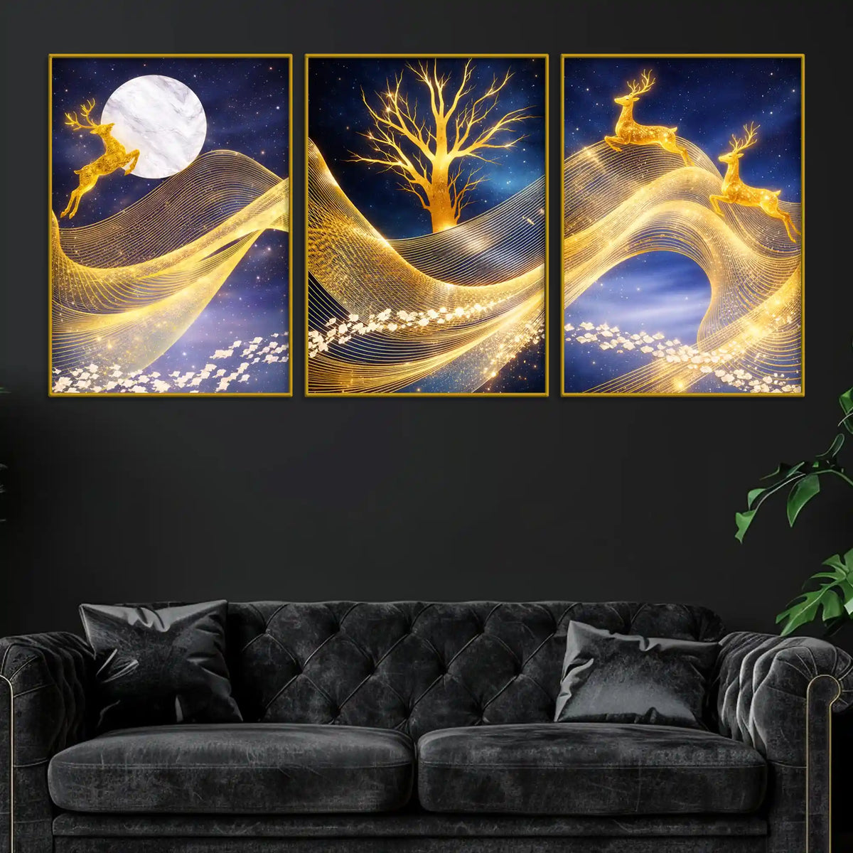 Golden Deer Moonlight & Tree Floating Frame Crystal Wall Painting Set of 3