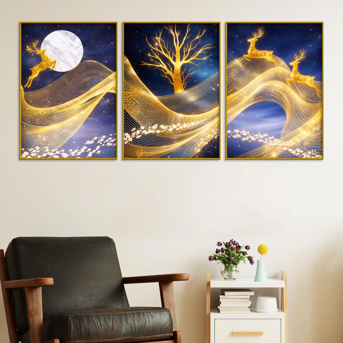 Golden Deer Moonlight & Tree Floating Frame Crystal Wall Painting Set of 3