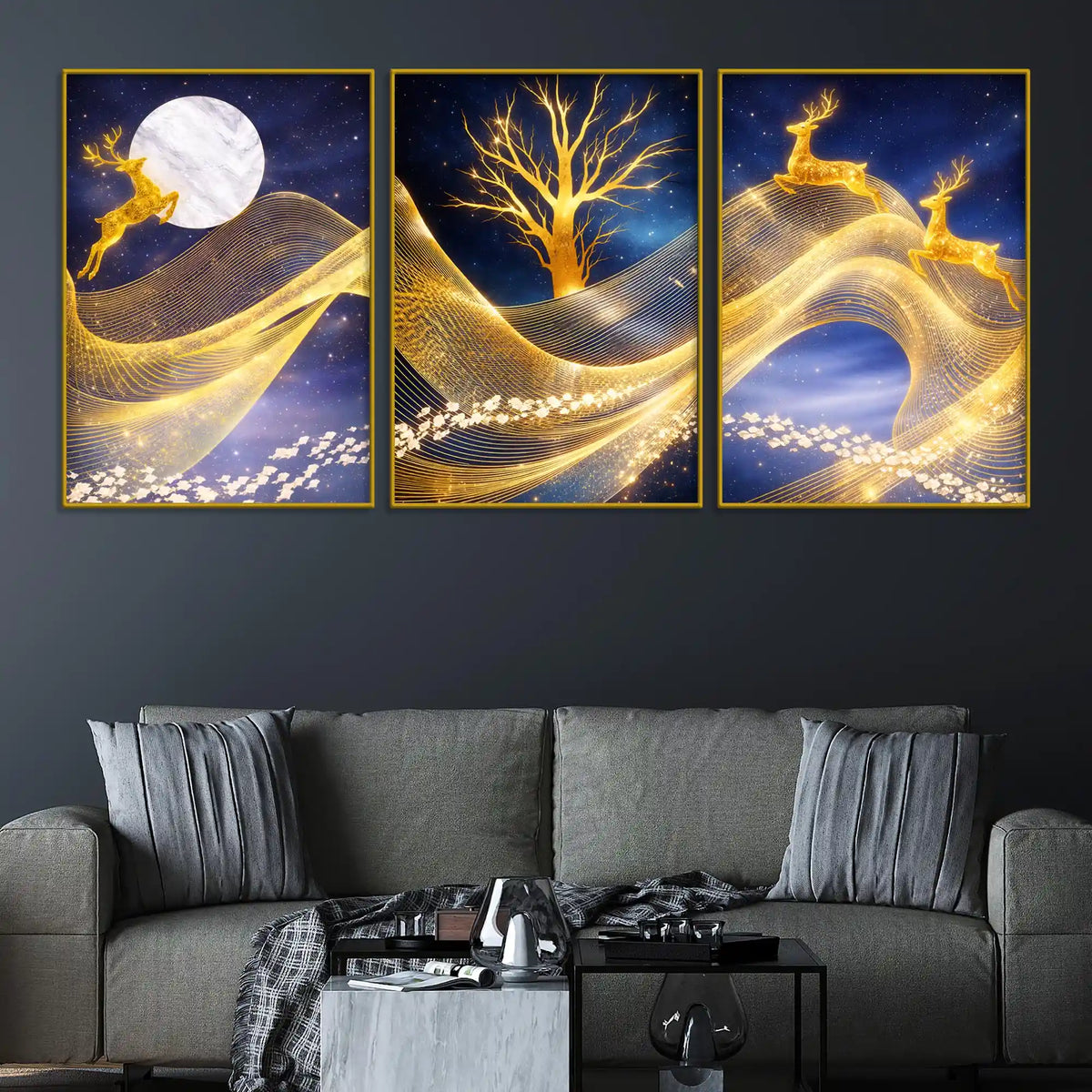Golden Deer Moonlight & Tree Floating Frame Crystal Wall Painting Set of 3