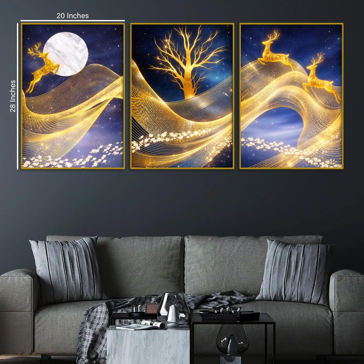 Golden Deer Moonlight & Tree Floating Frame Crystal Wall Painting Set of 3
