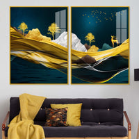 Golden Deer Mountain Landscape Acrylic Floating Wall Painting Set of 2