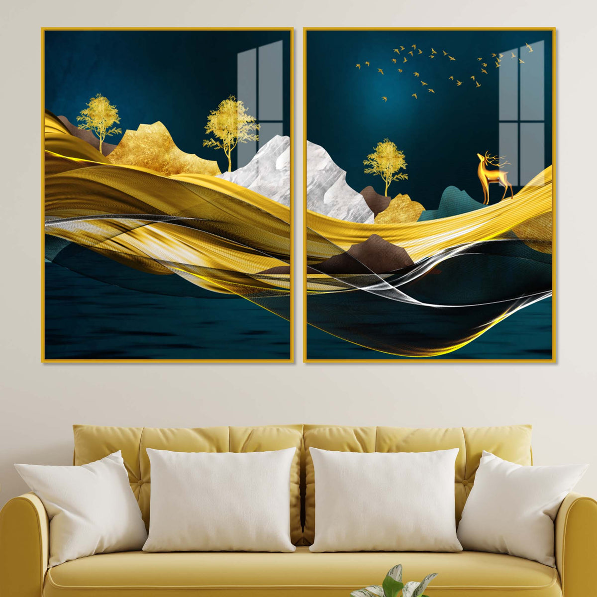 Golden Deer Mountain Landscape Acrylic Floating Wall Painting Set of 2