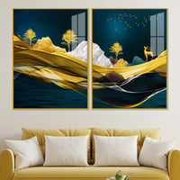 Golden Deer Mountain Landscape Acrylic Floating Wall Painting Set of 2
