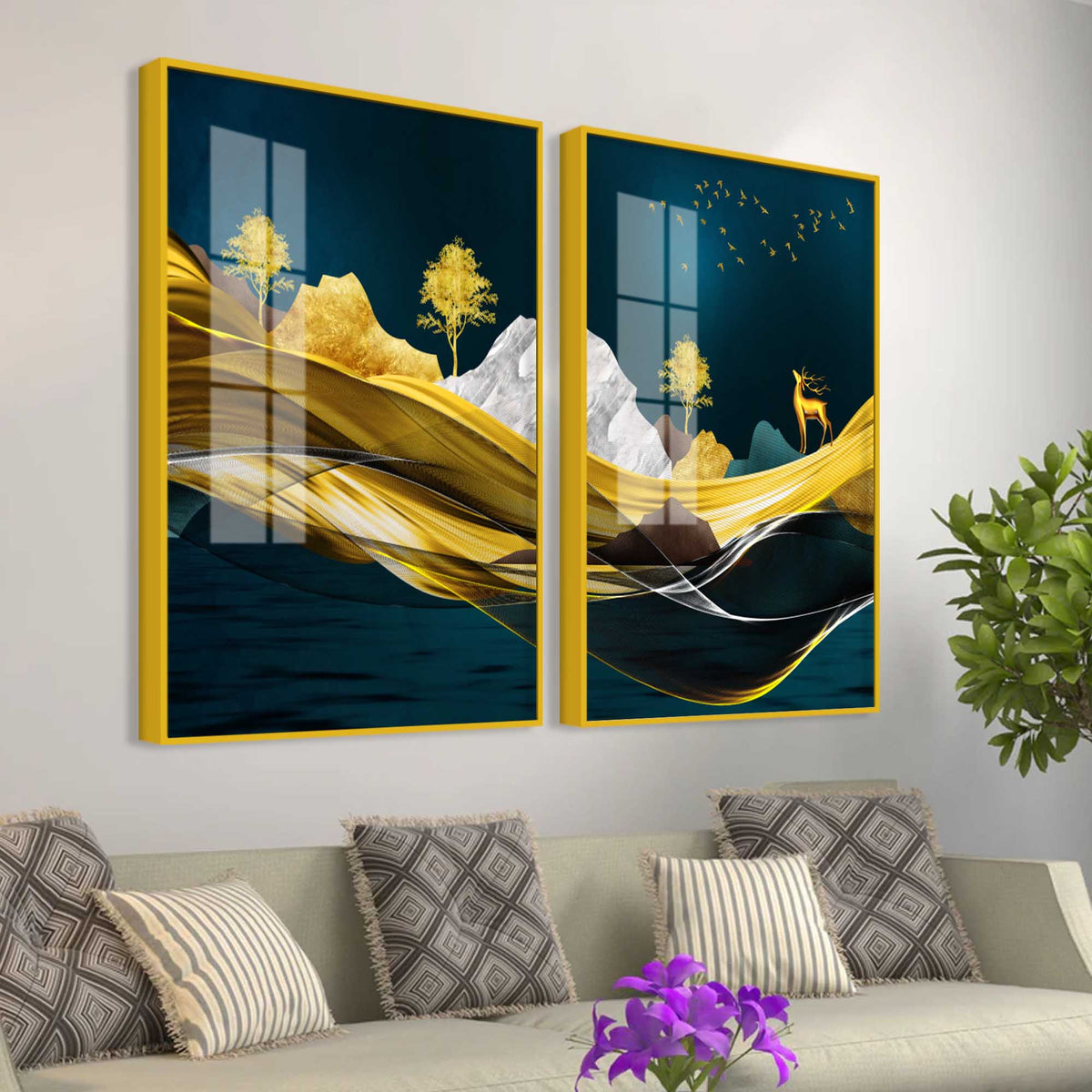 Golden Deer Mountain Landscape Acrylic Floating Wall Painting Set of 2