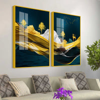 Golden Deer Mountain Landscape Acrylic Floating Wall Painting Set of 2