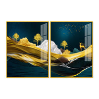 Golden Deer Mountain Landscape Acrylic Floating Wall Painting Set of 2