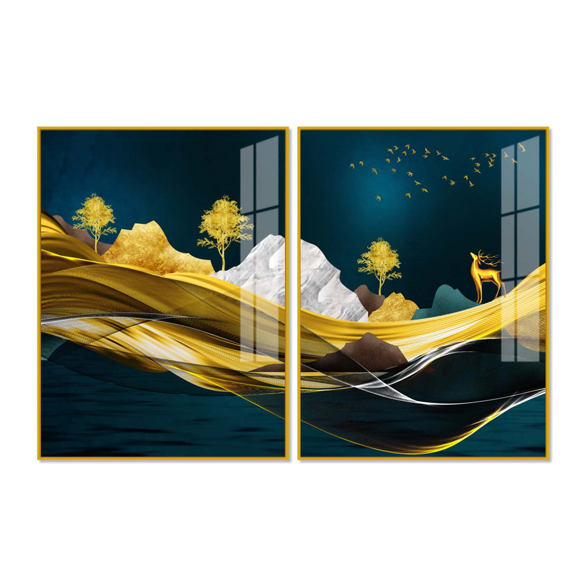 Golden Deer Mountain Landscape Acrylic Floating Wall Painting Set of 2