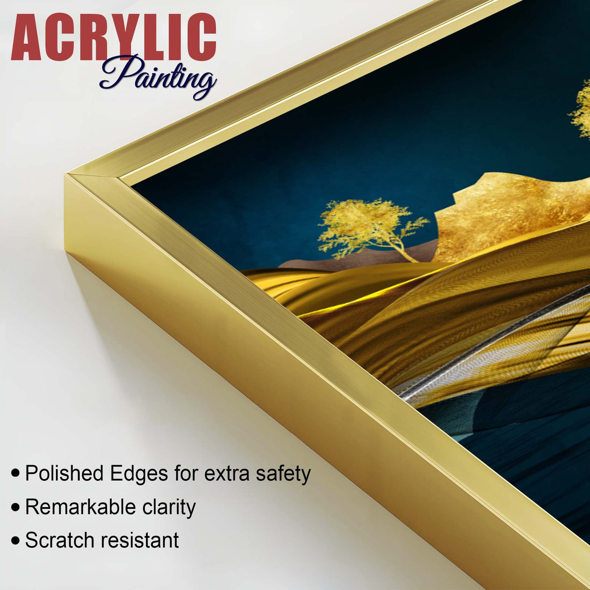 Golden Deer Mountain Landscape Acrylic Floating Wall Painting Set of 2