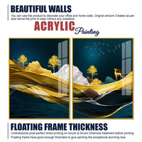 Golden Deer Mountain Landscape Acrylic Floating Wall Painting Set of 2
