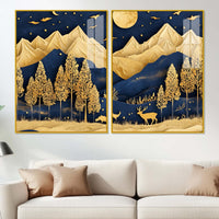 Golden Deer Full Moon Mountain Wilderness Acrylic Floating Wall Painting Set of 2