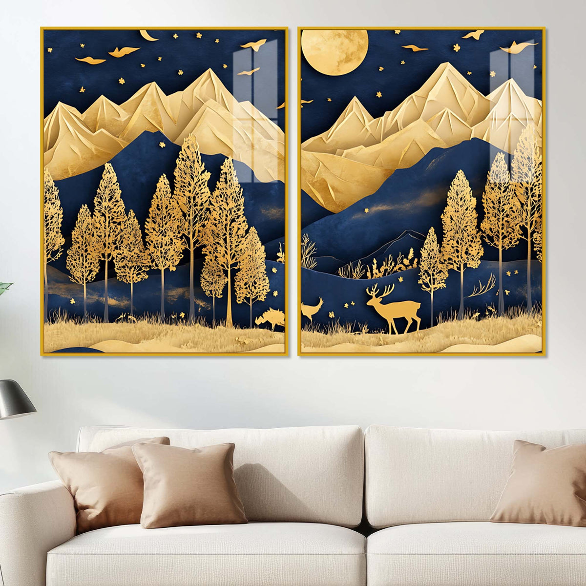 Golden Deer Full Moon Mountain Wilderness Acrylic Floating Wall Painting Set of 2