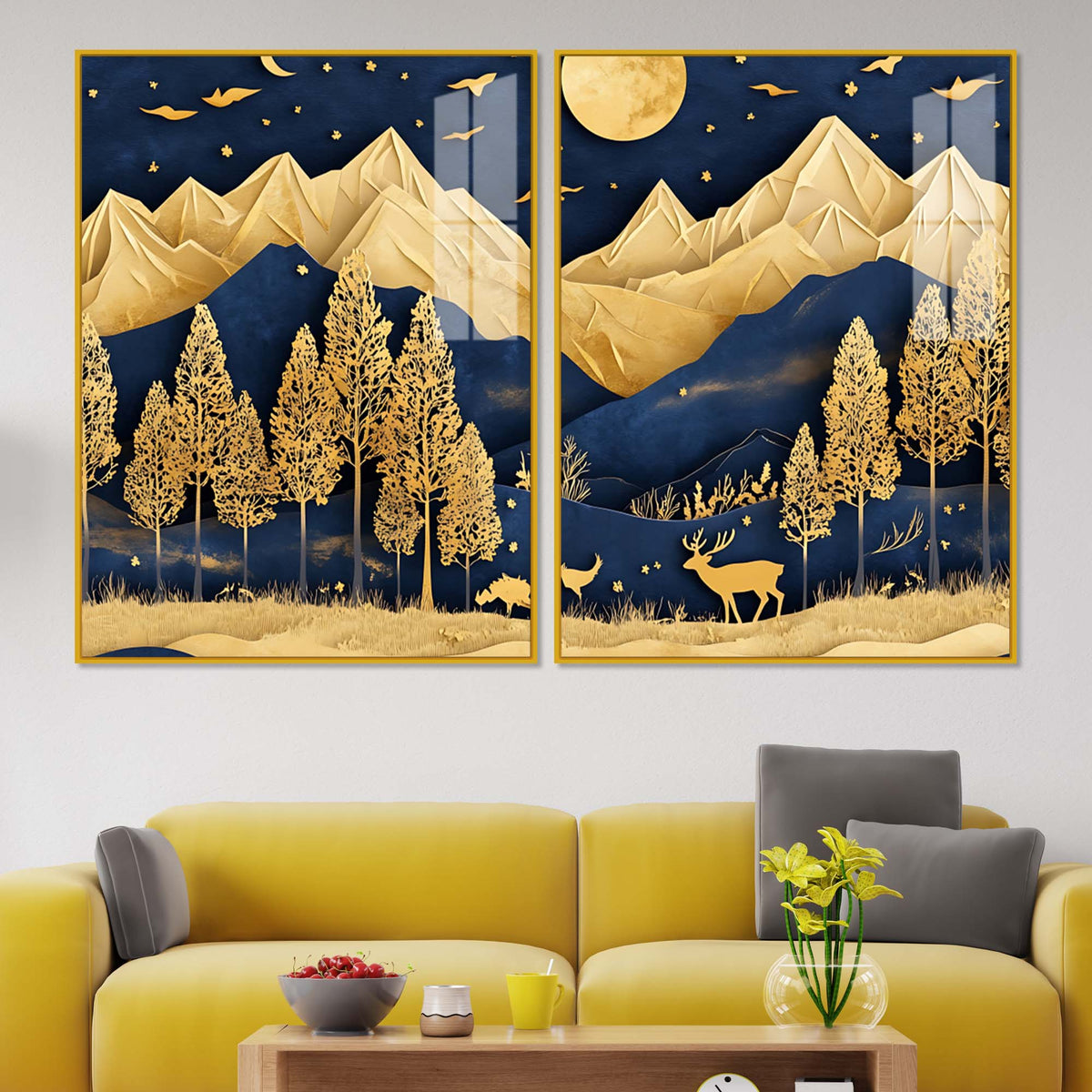 Golden Deer Full Moon Mountain Wilderness Acrylic Floating Wall Painting Set of 2