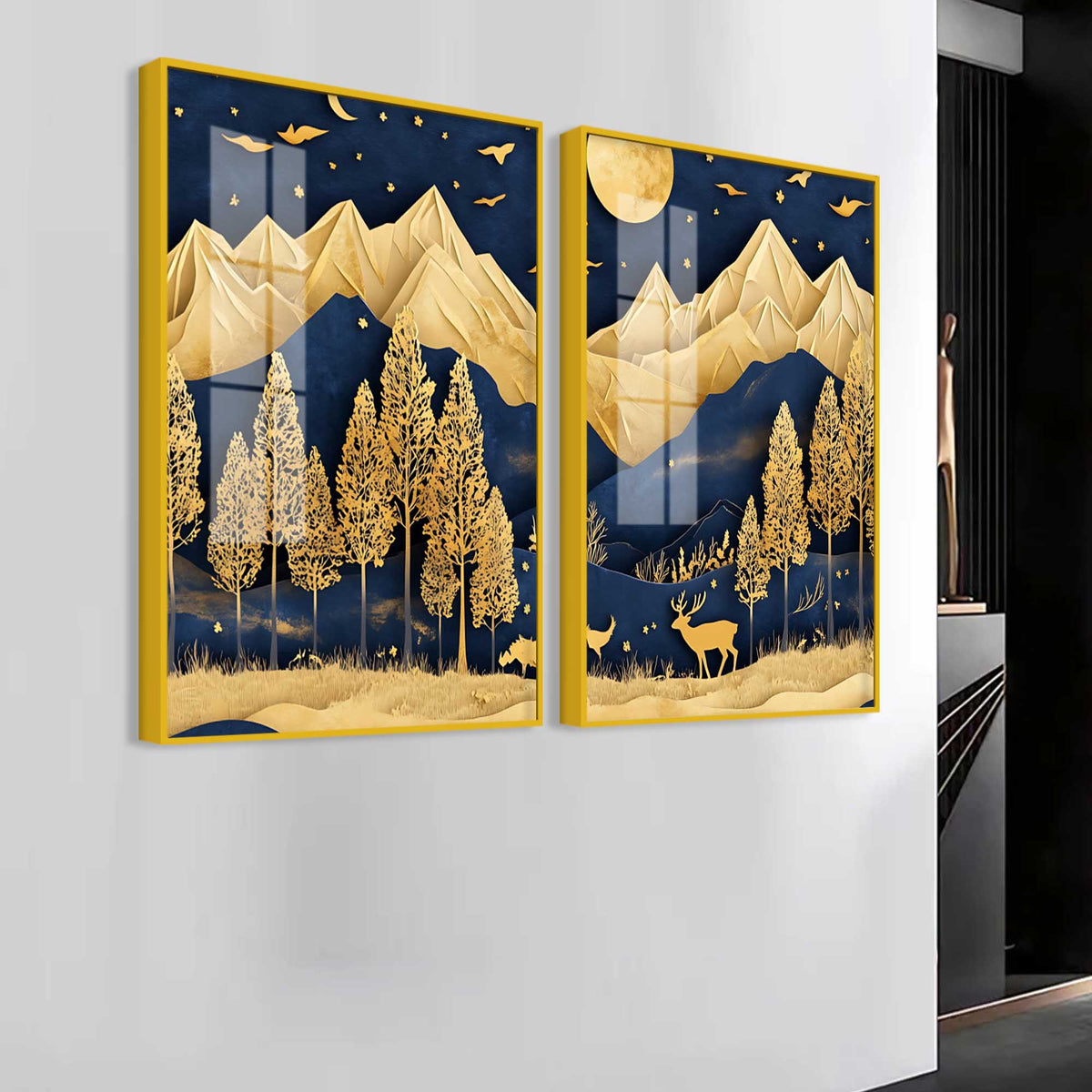 Golden Deer Full Moon Mountain Wilderness Acrylic Floating Wall Painting Set of 2