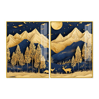 Golden Deer Full Moon Mountain Wilderness Acrylic Floating Wall Painting Set of 2