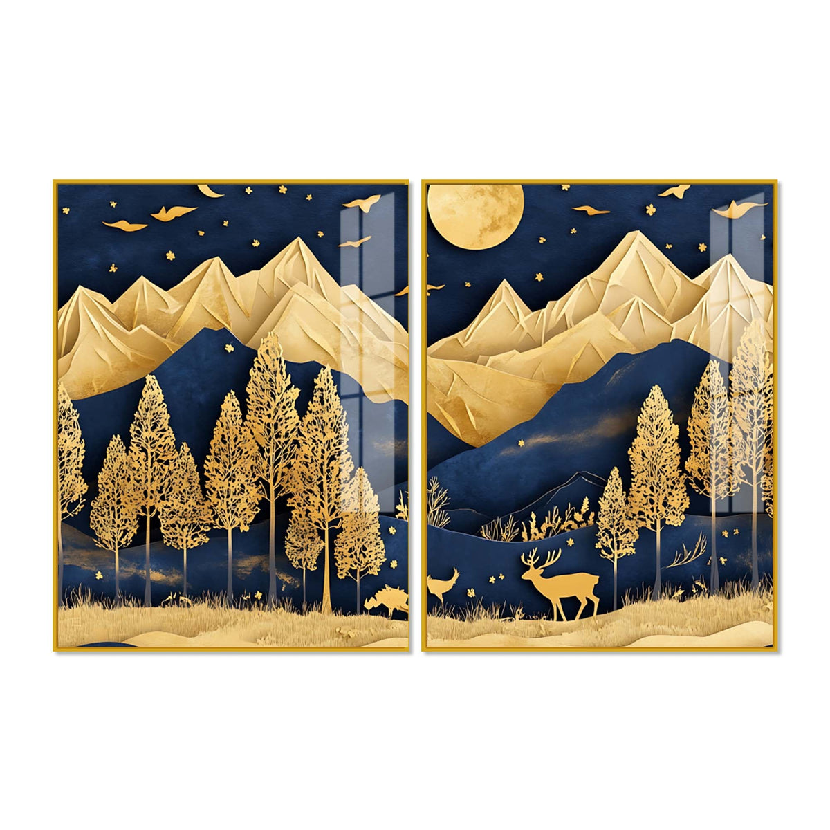 Golden Deer Full Moon Mountain Wilderness Acrylic Floating Wall Painting Set of 2