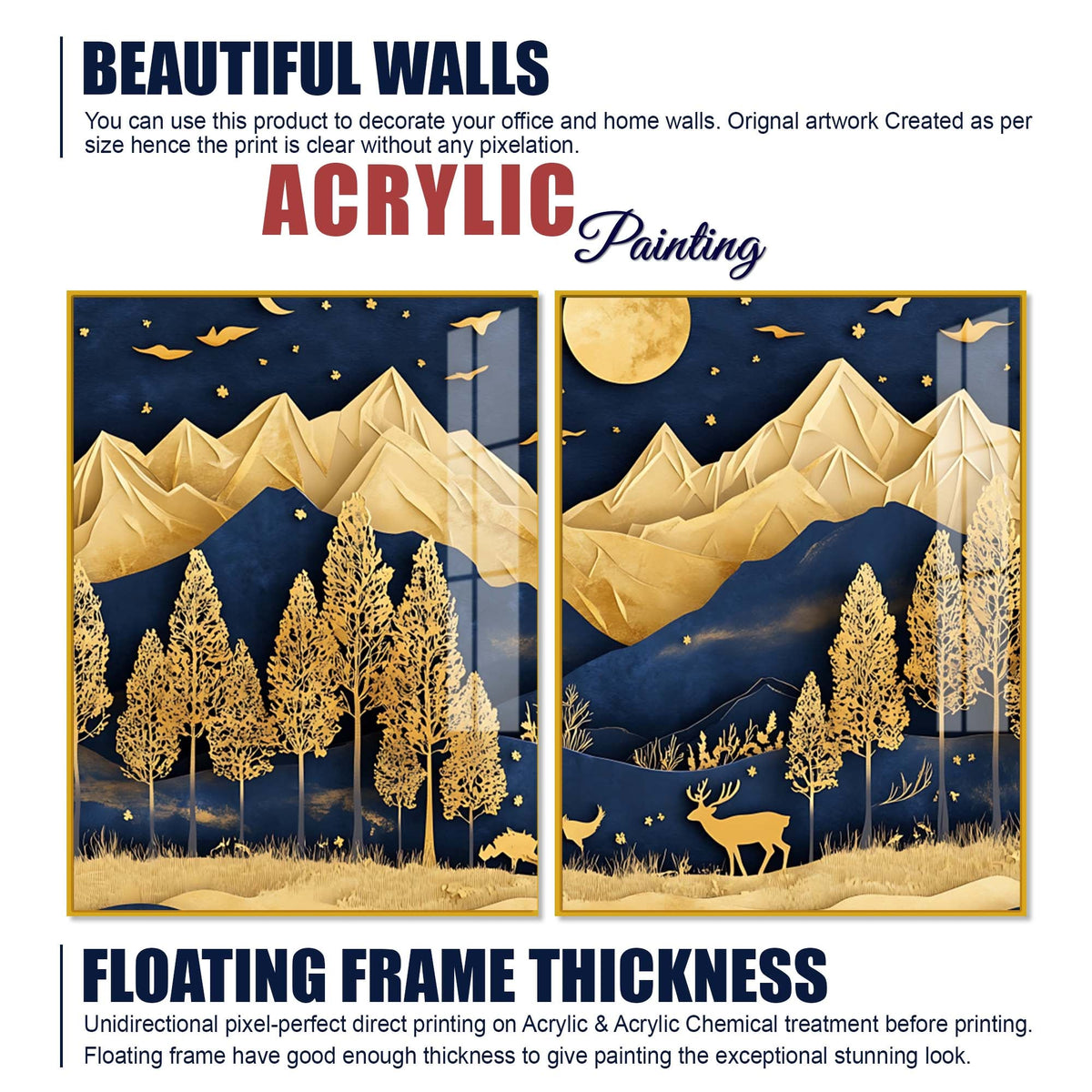 Golden Deer Full Moon Mountain Wilderness Acrylic Floating Wall Painting Set of 2