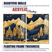 Golden Deer Full Moon Mountain Wilderness Acrylic Floating Wall Painting Set of 2