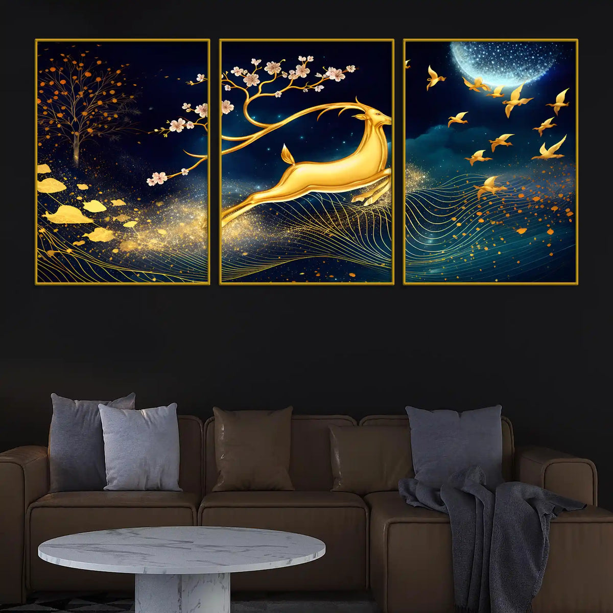 Golden Deer Runs Beneath the Moonlight Floating Frame Crystal Wall Painting Set of 3