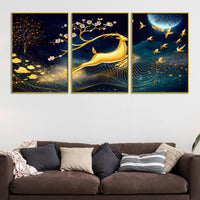 Golden Deer Runs Beneath the Moonlight Floating Frame Crystal Wall Painting Set of 3