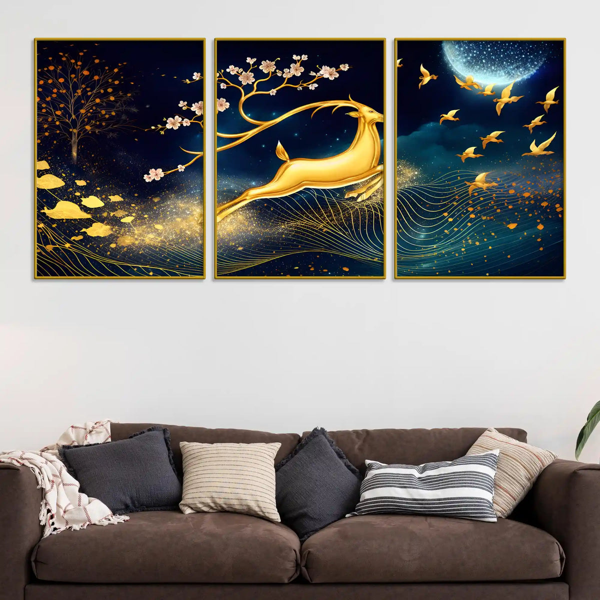 Golden Deer Runs Beneath the Moonlight Floating Frame Crystal Wall Painting Set of 3