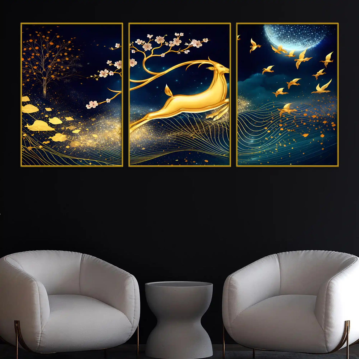 Golden Deer Runs Beneath the Moonlight Floating Frame Crystal Wall Painting Set of 3