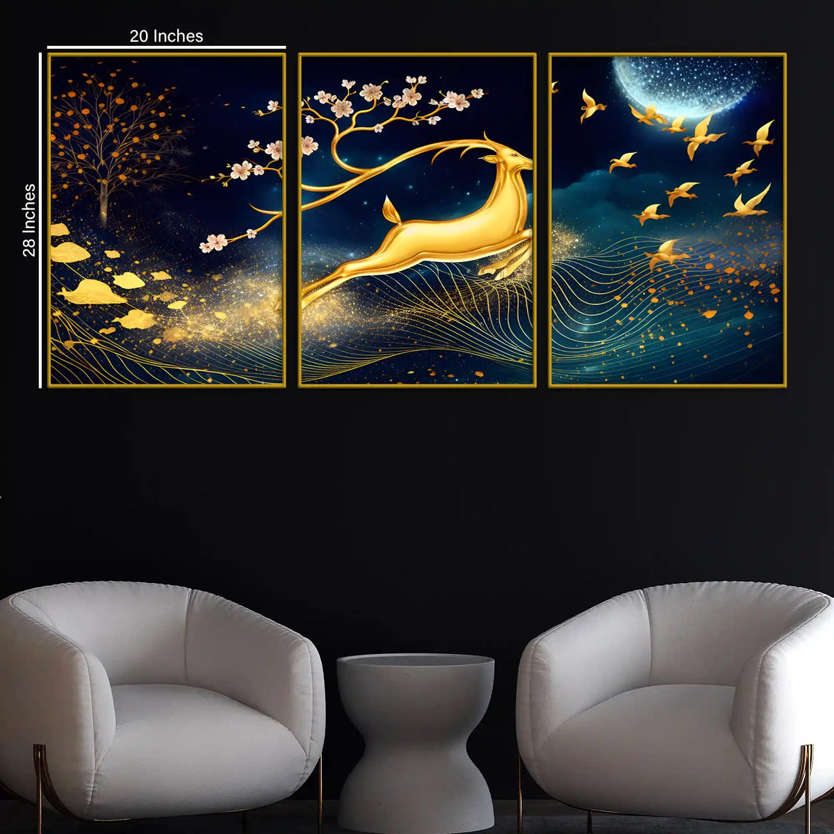 Golden Deer Runs Beneath the Moonlight Floating Frame Crystal Wall Painting Set of 3