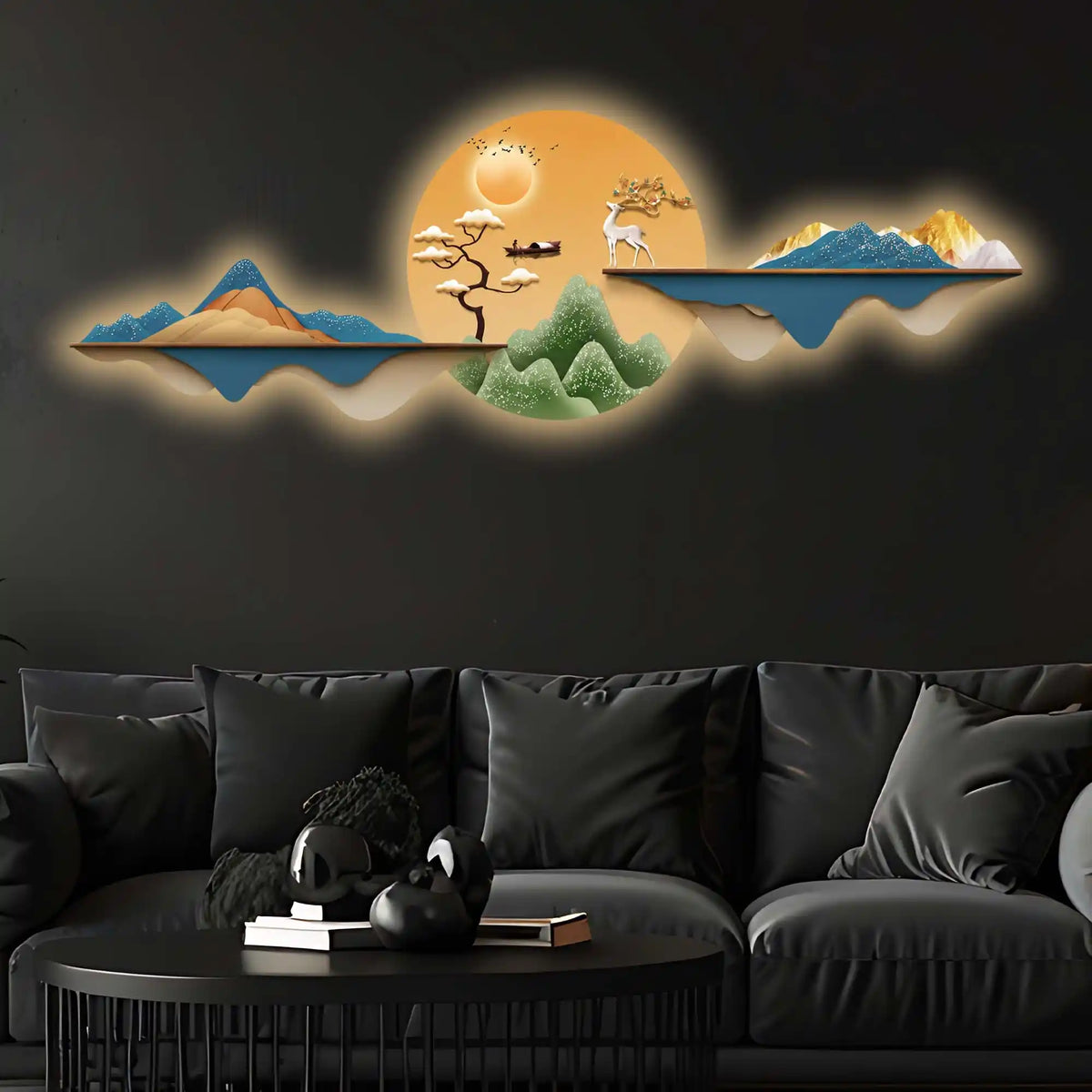 Golden Deer Sunrise Landscape Premium Crystal Glass Backlit LED Wall Art