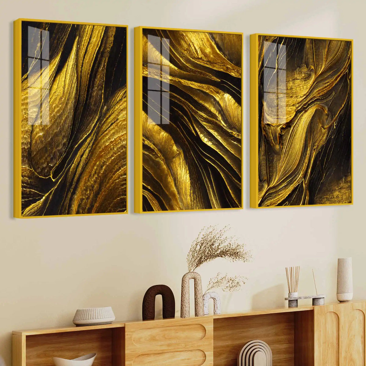 Golden Essence Infinite Gilding Acrylic Floating Wall Painting Set of 3