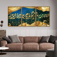 Golden Fishes in the Ocean Premium Floating Canvas Wall Painting Set of Three