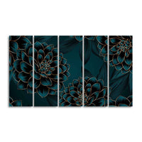 Golden Flowers Dahlia and Leaves Wall Painting of Five Pieces