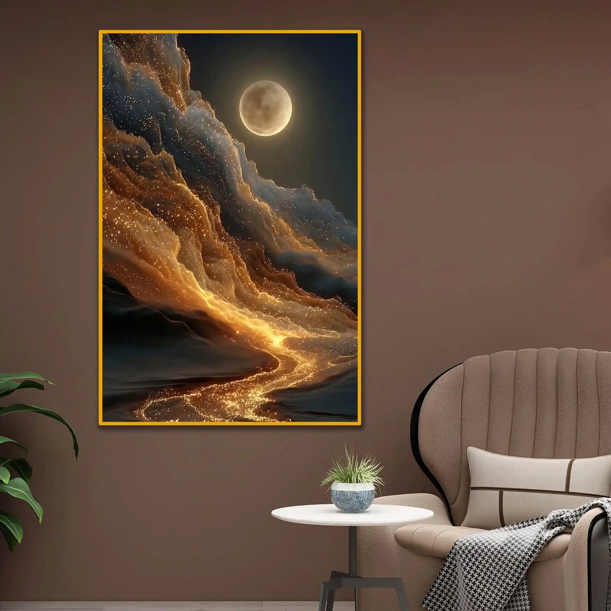 Golden Flowing River Floating Frame Crystal Wall Painting