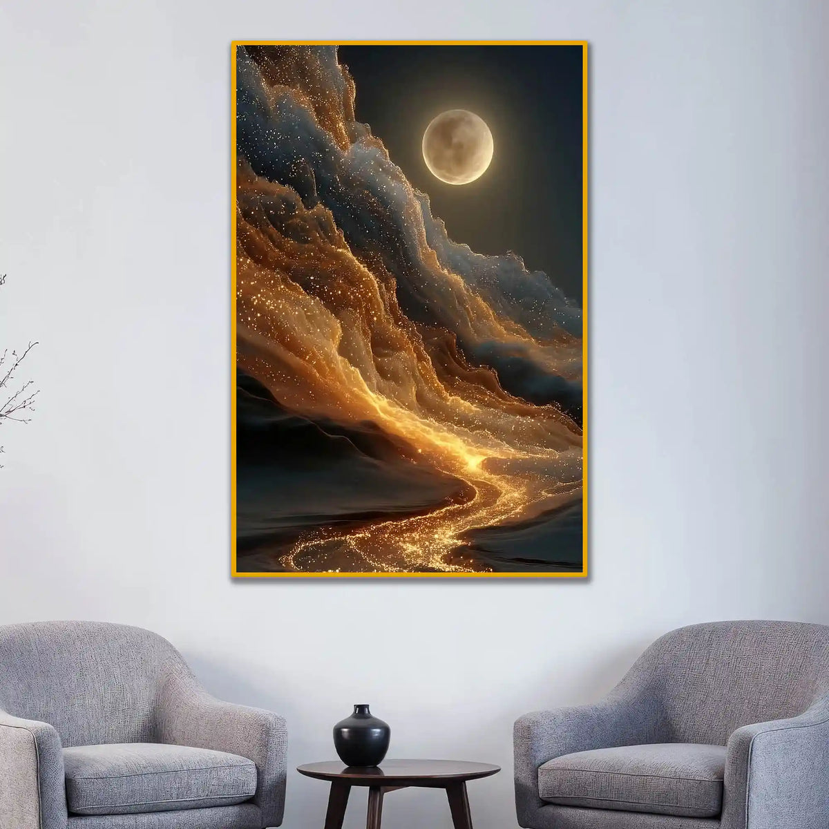 Golden Flowing River Floating Frame Crystal Wall Painting