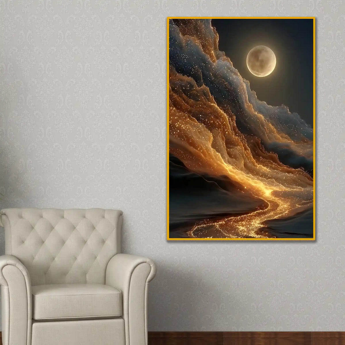 Golden Flowing River Floating Frame Crystal Wall Painting
