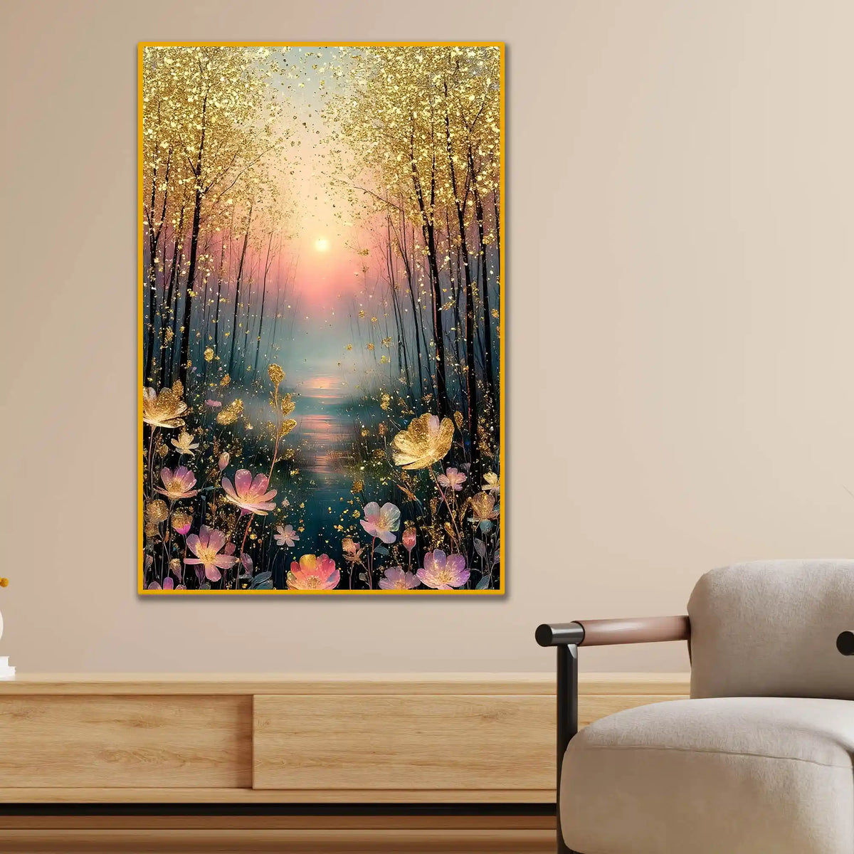 Golden Forest Sunset Floating Frame Crystal Wall Painting