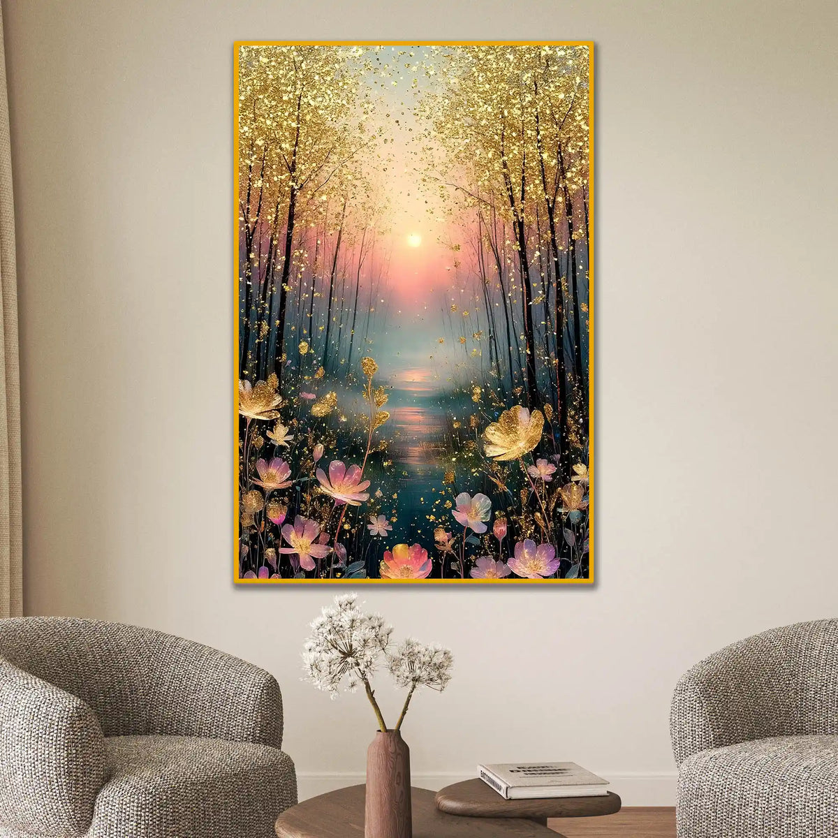 Golden Forest Sunset Floating Frame Crystal Wall Painting