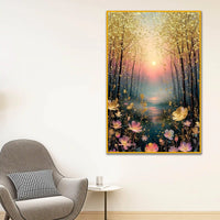 Golden Forest Sunset Floating Frame Crystal Wall Painting