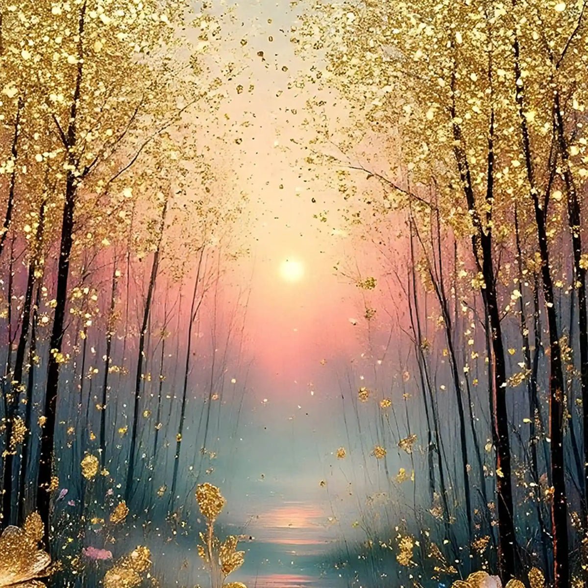 Golden Forest Sunset Floating Frame Crystal Wall Painting