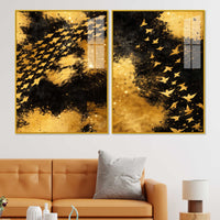 Golden Freedom Flock Modern Acrylic Floating Wall Painting Set of 2