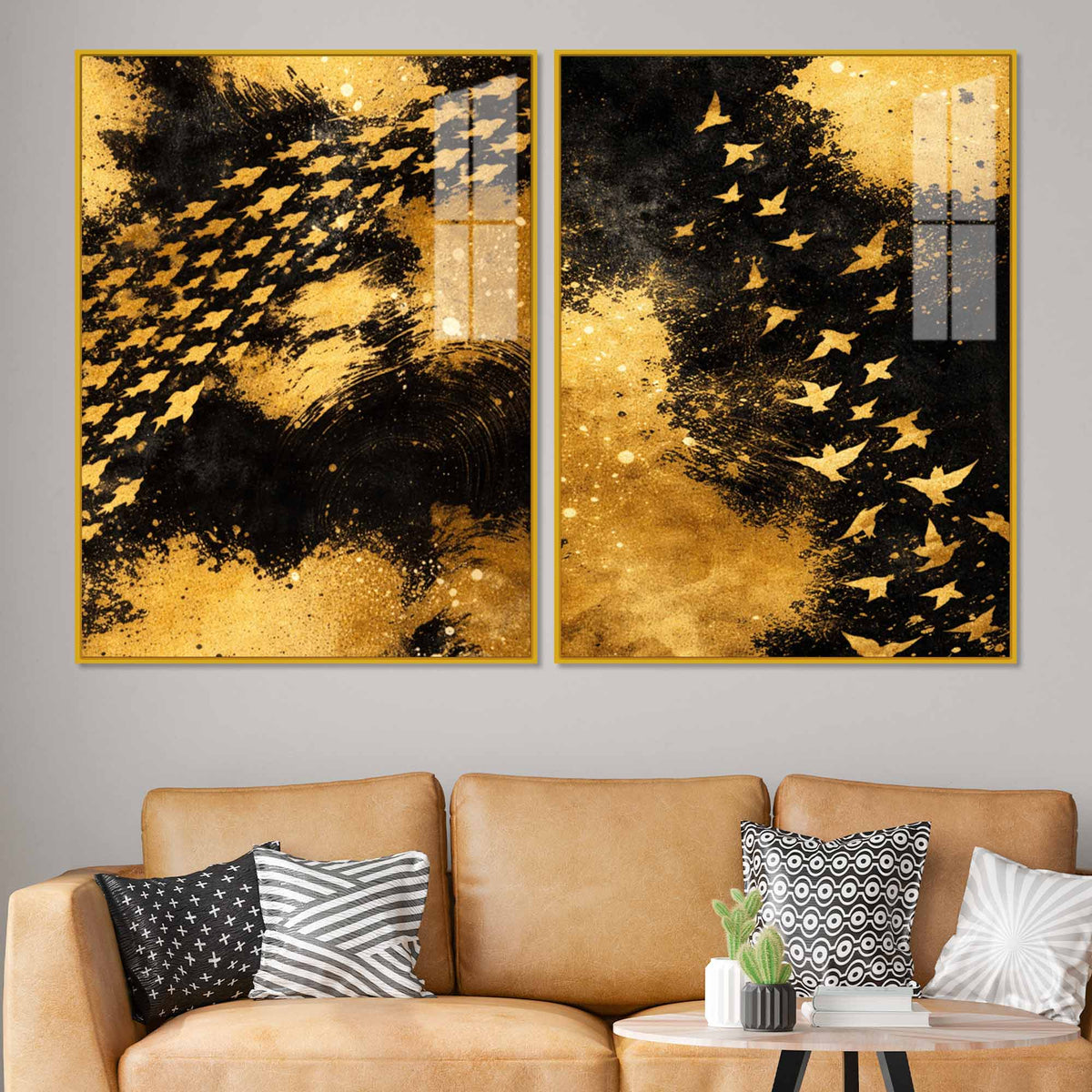 Golden Freedom Flock Modern Acrylic Floating Wall Painting Set of 2