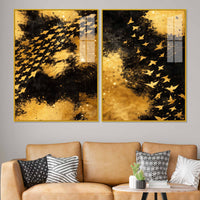 Golden Freedom Flock Modern Acrylic Floating Wall Painting Set of 2