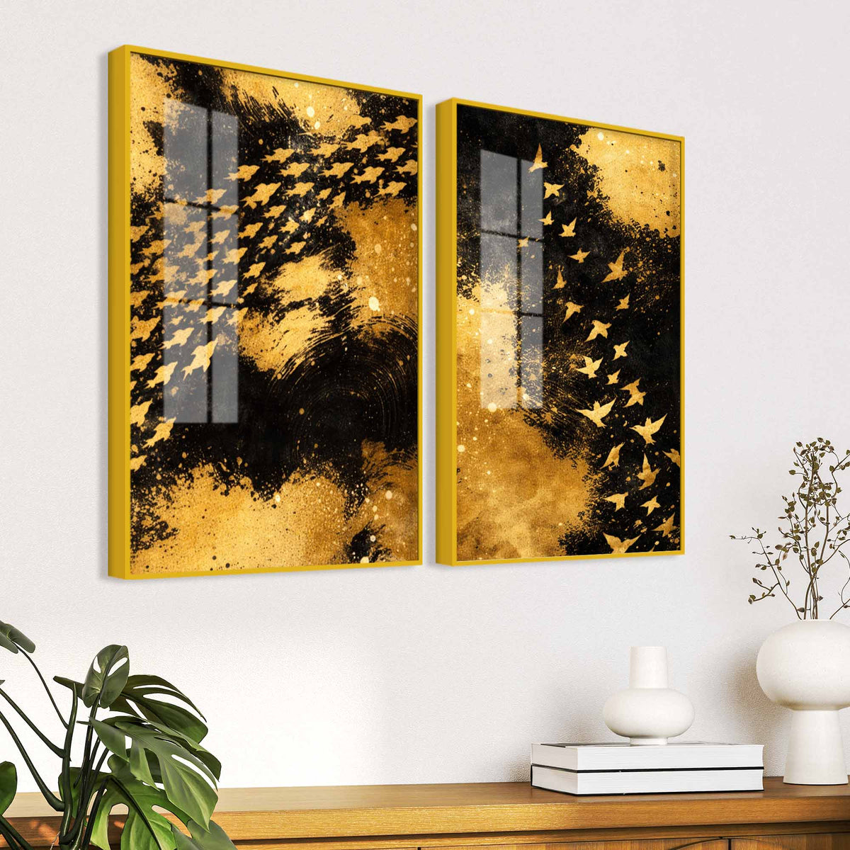 Golden Freedom Flock Modern Acrylic Floating Wall Painting Set of 2