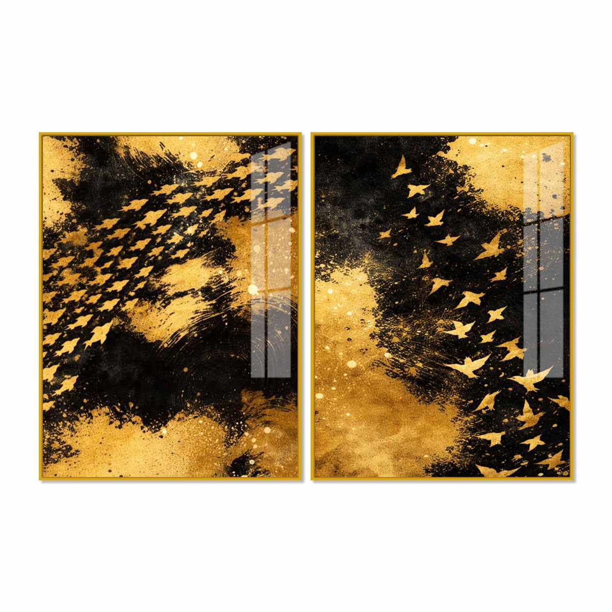 Golden Freedom Flock Modern Acrylic Floating Wall Painting Set of 2
