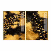 Golden Freedom Flock Modern Acrylic Floating Wall Painting Set of 2